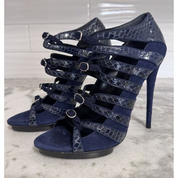 Balenciaga Blue Suede Snakeskin Strappy Heel Stiletto Sandals Size 38 - Picture 1 of 12